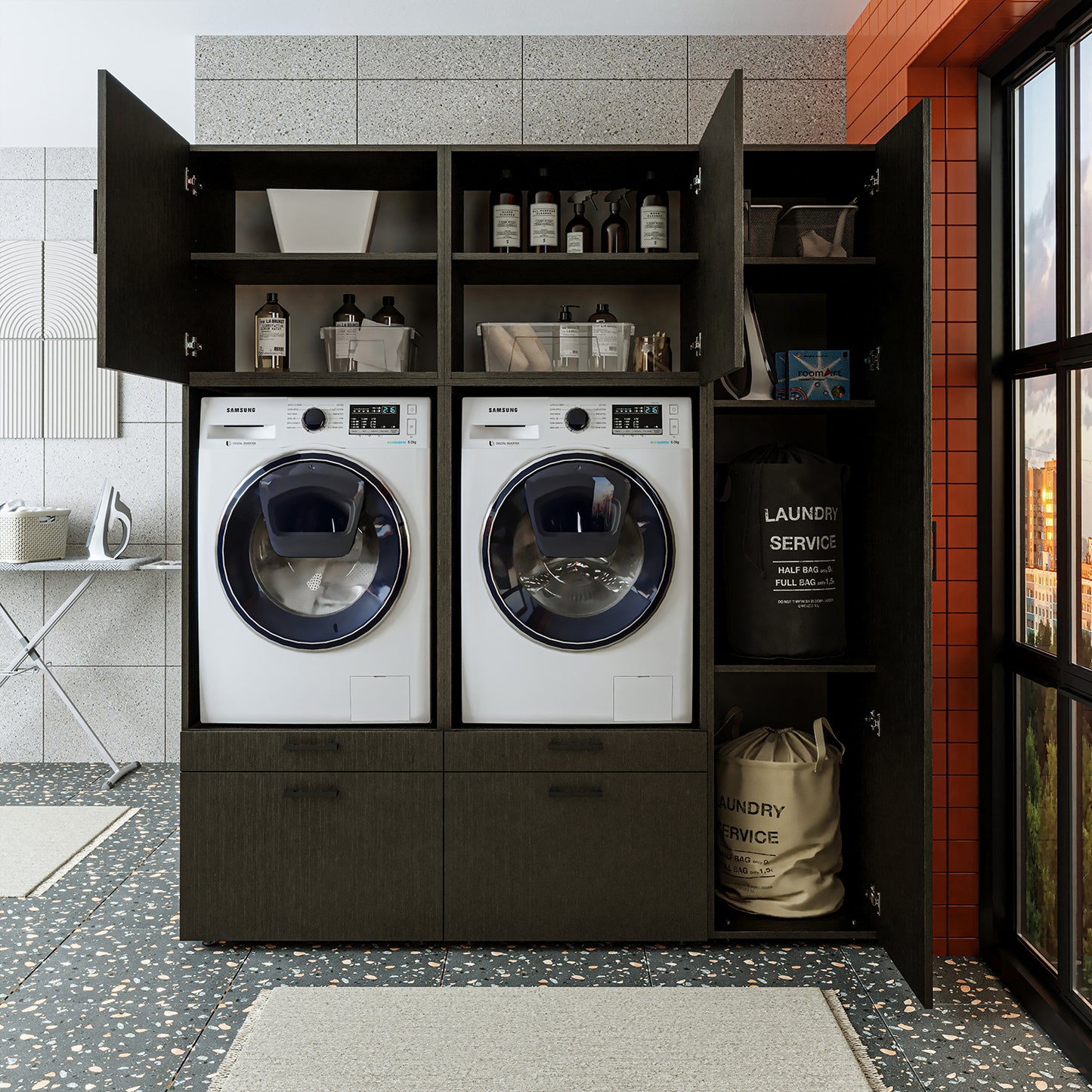 Roomart Waschmaschinenschrank SERIE 2 – Überbauschrank mit Schublade, Überbauschrank für Waschküche & Hauswirtschaftsraum – mit Ausziehbrett & Schublade – in 3 Farben