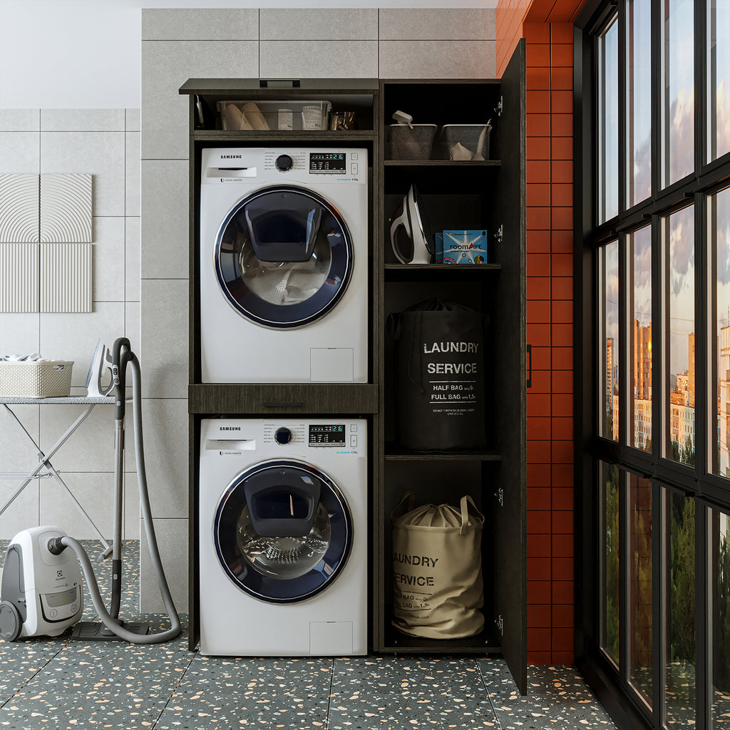 Roomart Waschmaschinenschrank, Trockner auf Waschmaschine • 112 cm breit • In 3 Farben - waschmaschinenschrank, waschmaschinenregal, waschturm, schrank, weiß, waschmaschinen, unterschrank, waschmaschine, trockner, haushaltsschrank, schränke, badschrank, h