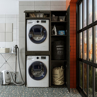 Roomart Waschmaschinenschrank, Trockner auf Waschmaschine • 112 cm breit • In 3 Farben - waschmaschinenschrank, waschmaschinenregal, waschturm, schrank, weiß, waschmaschinen, unterschrank, waschmaschine, trockner, haushaltsschrank, schränke, badschrank, h