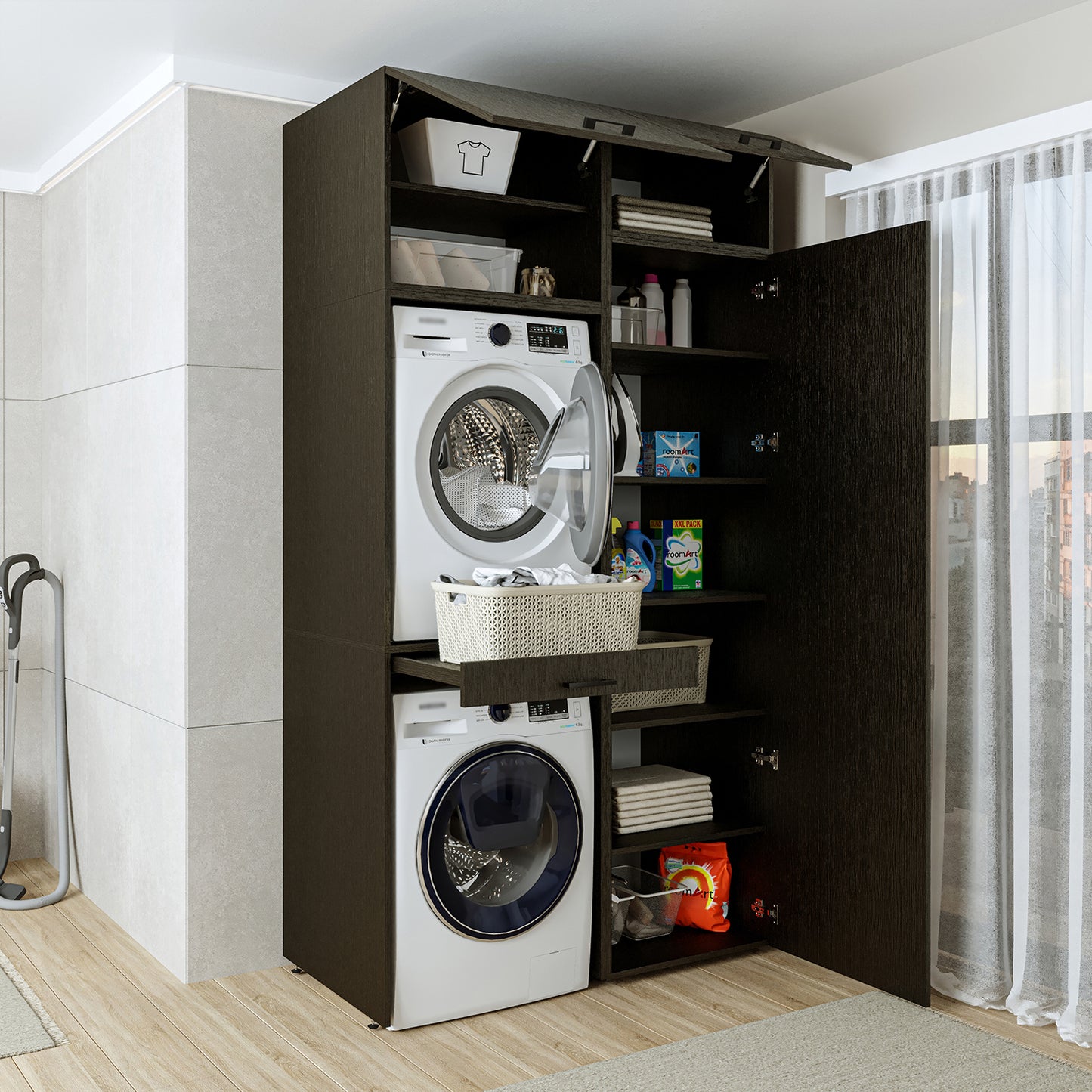 Roomart DUO-I Waschmaschinenschrank 127 cm – Waschmaschine & Trockner übereinander, Hochschrank
