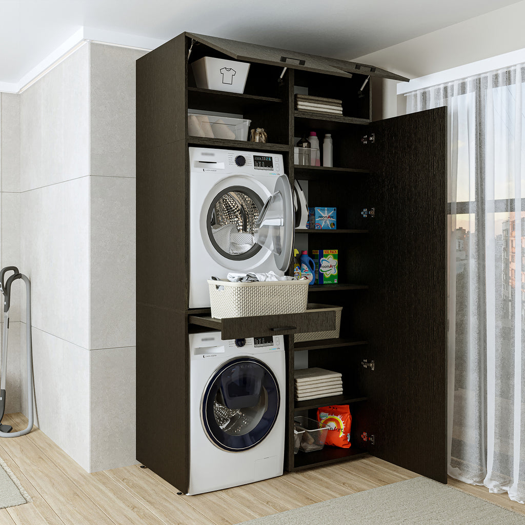 Roomart DUO-I Waschmaschinenschrank 127 cm – Waschmaschine & Trockner übereinander, Hochschrank