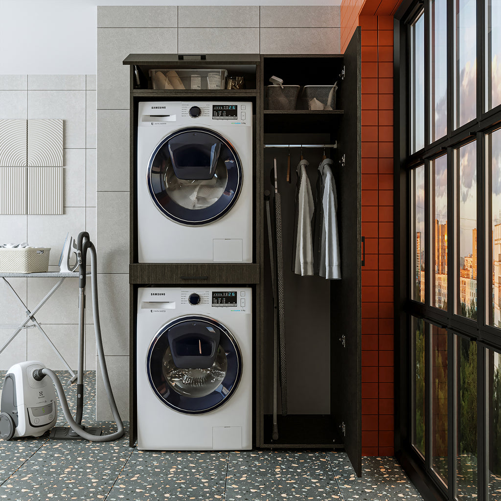 Roomart Waschmaschinenschrank, Trockner auf Waschmaschine • 112 cm breit • In 3 Farben - waschmaschinenschrank, waschmaschinenregal, waschturm, schrank, weiß, waschmaschinen, unterschrank, waschmaschine, trockner, haushaltsschrank, schränke, badschrank, h