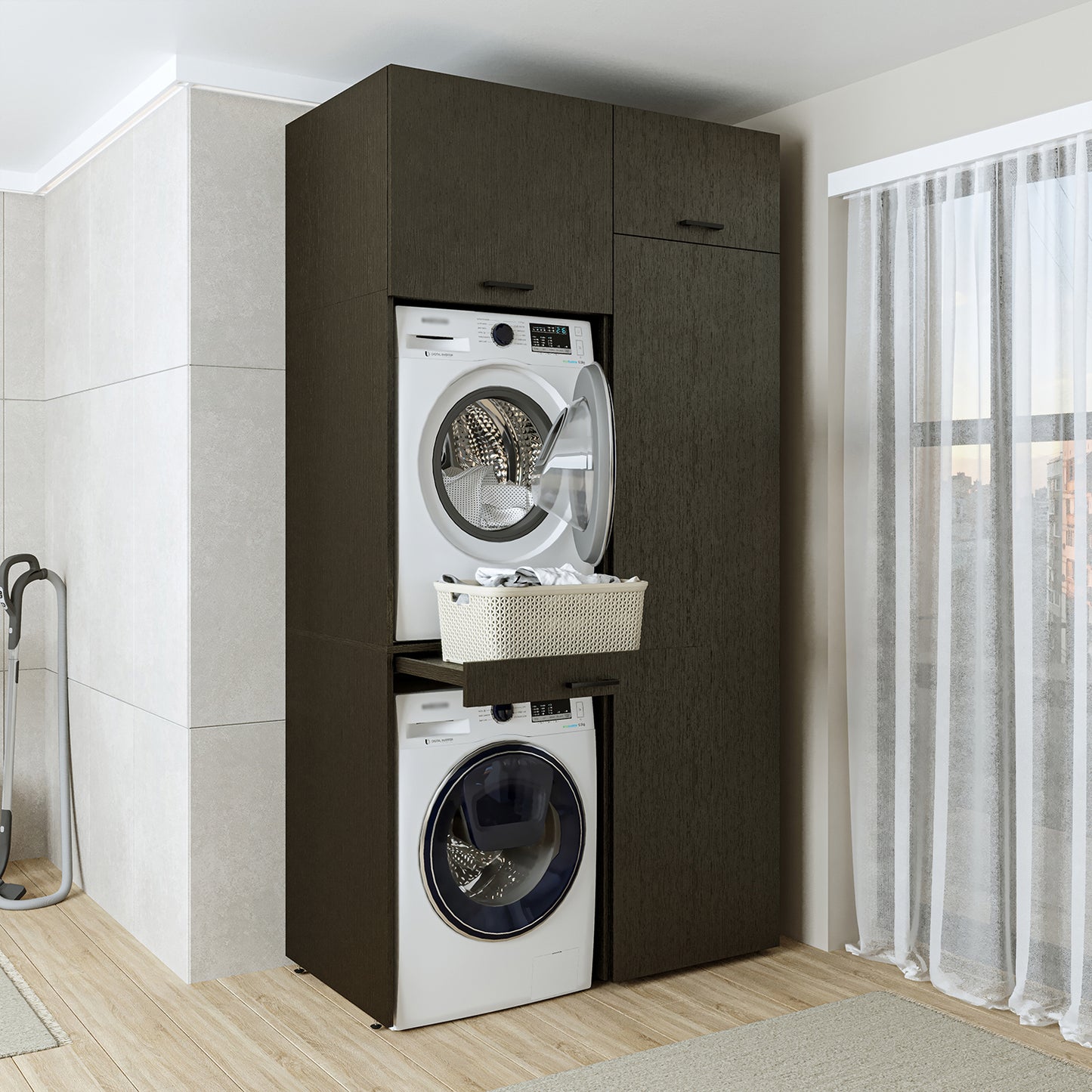 Roomart DUO-I Waschmaschinenschrank 127 cm – Waschmaschine & Trockner übereinander, Hochschrank