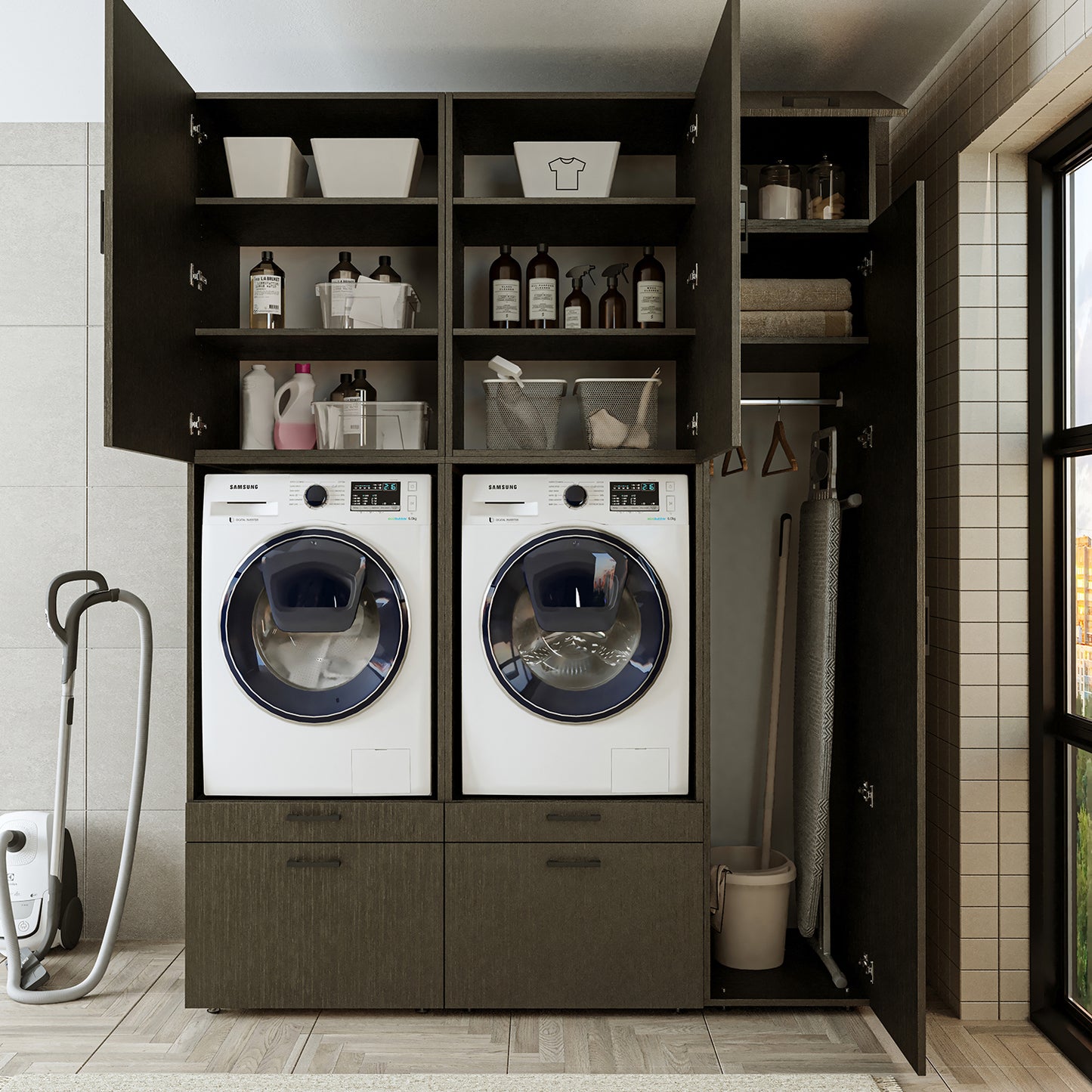 Roomart Waschmaschinenschrank Doppelschrank – SERIE 2 – Überbauschrank für Waschküche & Hauswirtschaftsraum – mit Ausziehbrett & Schubladen – in 3 Farben