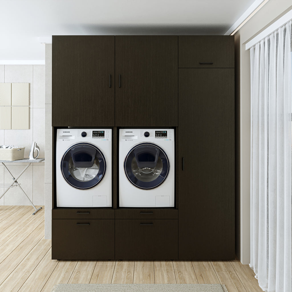 Roomart Waschmaschinenschrank Doppelschrank – SERIE 2 – Überbauschrank für Waschküche & Hauswirtschaftsraum – mit Ausziehbrett & Schubladen – in 3 Farben