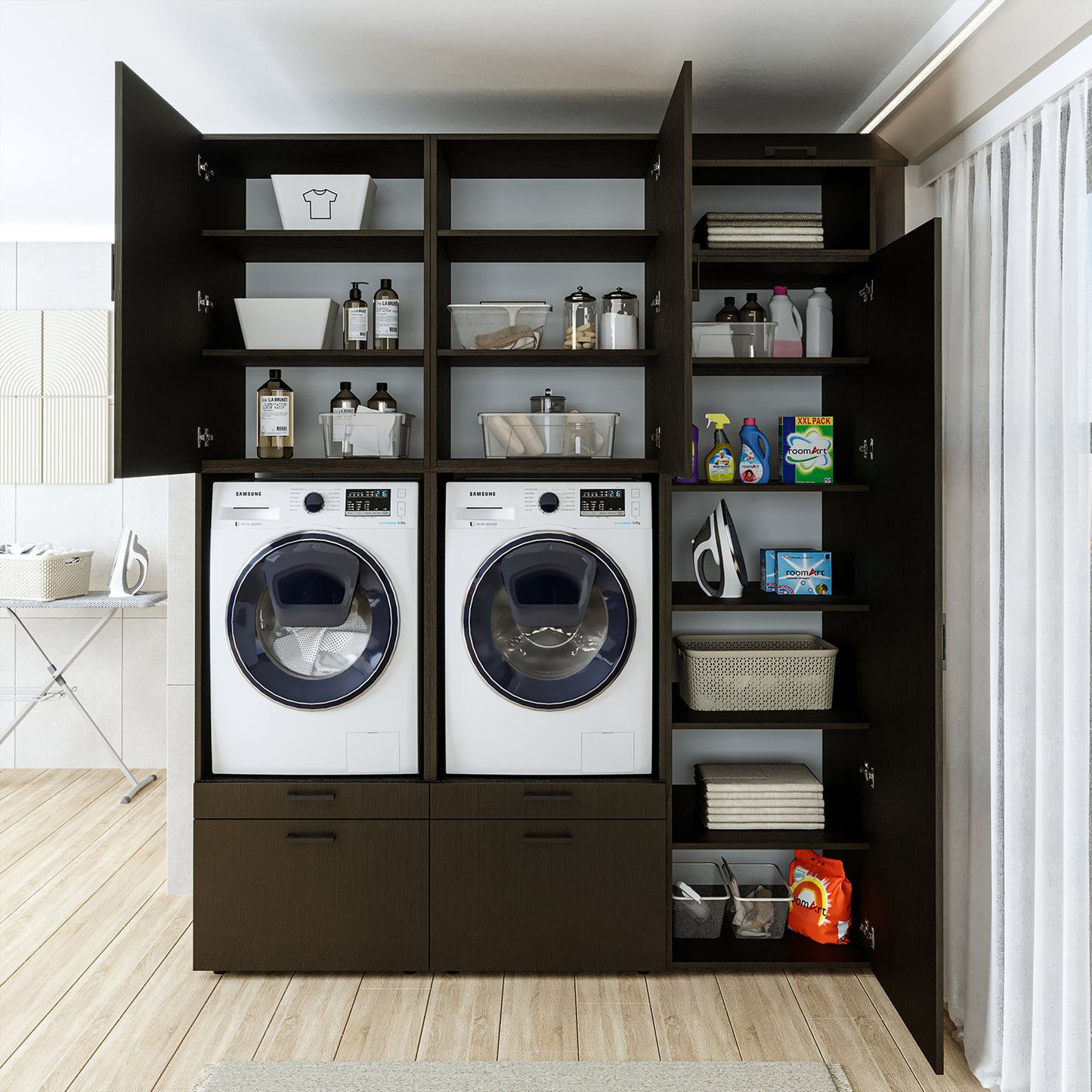 Roomart Waschmaschinenschrank Doppelschrank – SERIE 2 – Überbauschrank für Waschküche & Hauswirtschaftsraum – mit Ausziehbrett & Schubladen – in 3 Farben