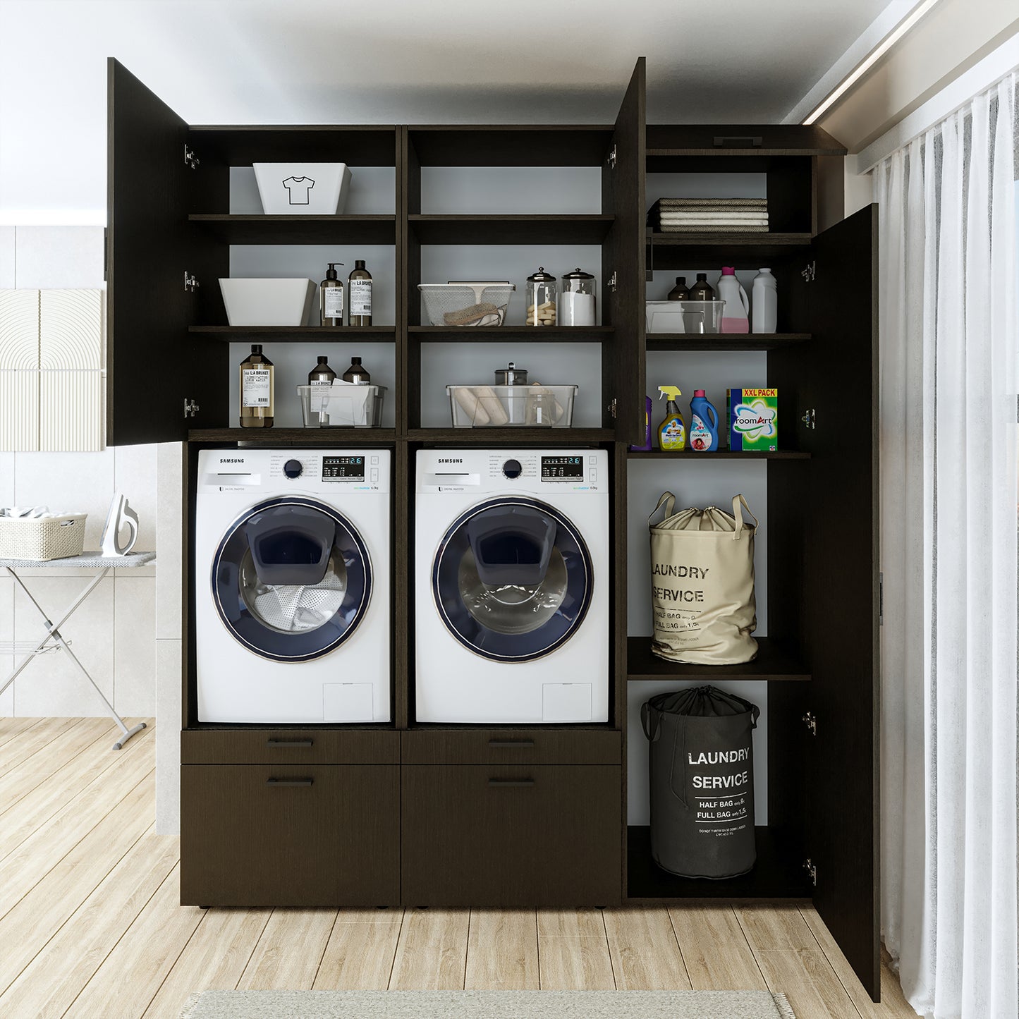 Roomart Waschmaschinenschrank Doppelschrank – SERIE 2 – Überbauschrank für Waschküche & Hauswirtschaftsraum – mit Ausziehbrett & Schubladen – in 3 Farben