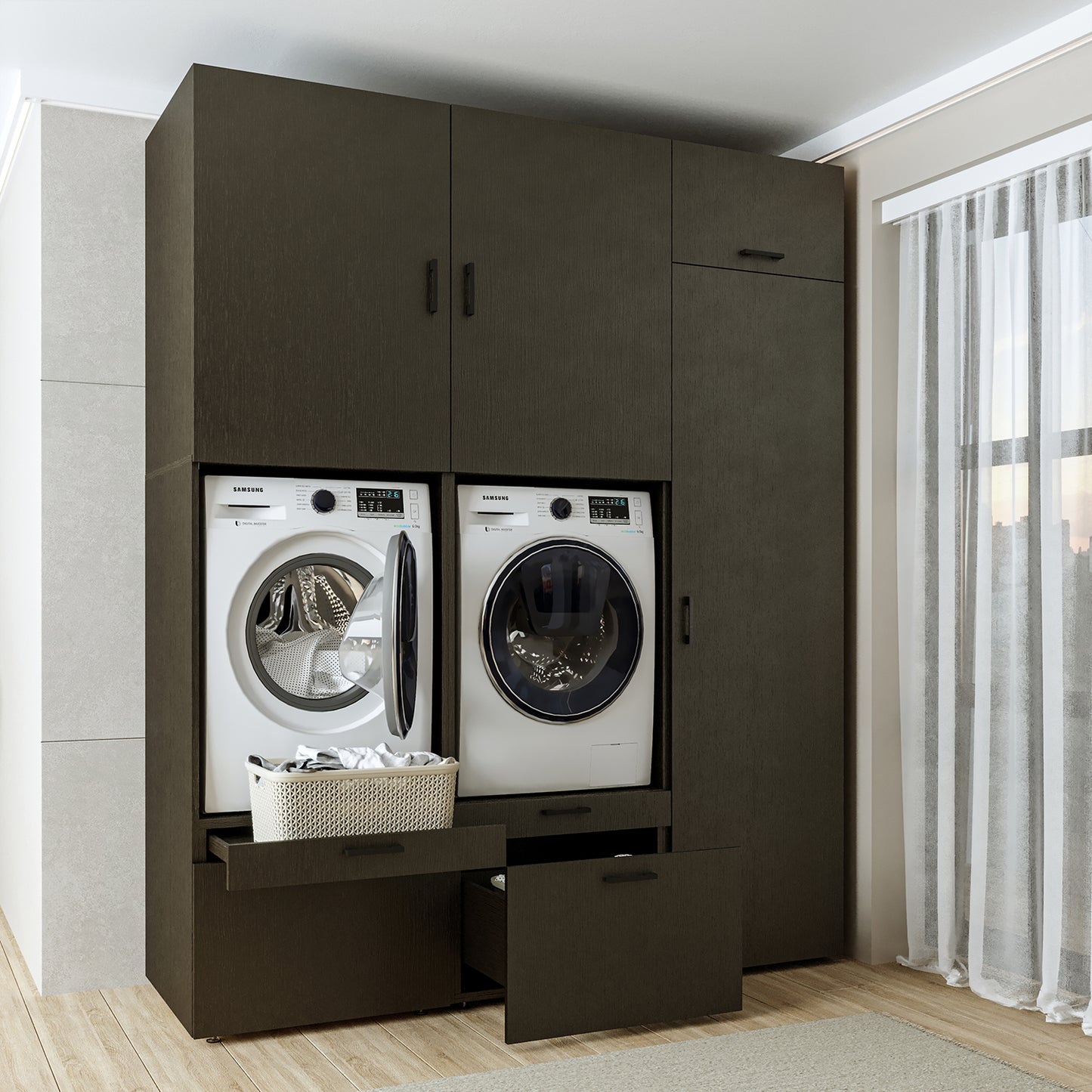 Roomart Waschmaschinenschrank Doppelschrank – SERIE 2 – Überbauschrank für Waschküche & Hauswirtschaftsraum – mit Ausziehbrett & Schubladen – in 3 Farben