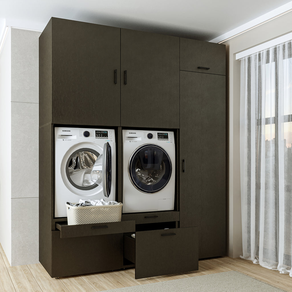 Roomart Waschmaschinenschrank Doppelschrank – SERIE 2 – Überbauschrank für Waschküche & Hauswirtschaftsraum – mit Ausziehbrett & Schubladen – in 3 Farben