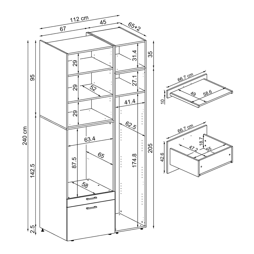Roomart Waschmaschinenschrank mit Ausziehbrett, 112 cm breit - SERIE 2  – Waschmaschinenüberbau für Waschmaschine & Trockner, Waschturm-Schrank mit Stauraum für Bad & Waschküche