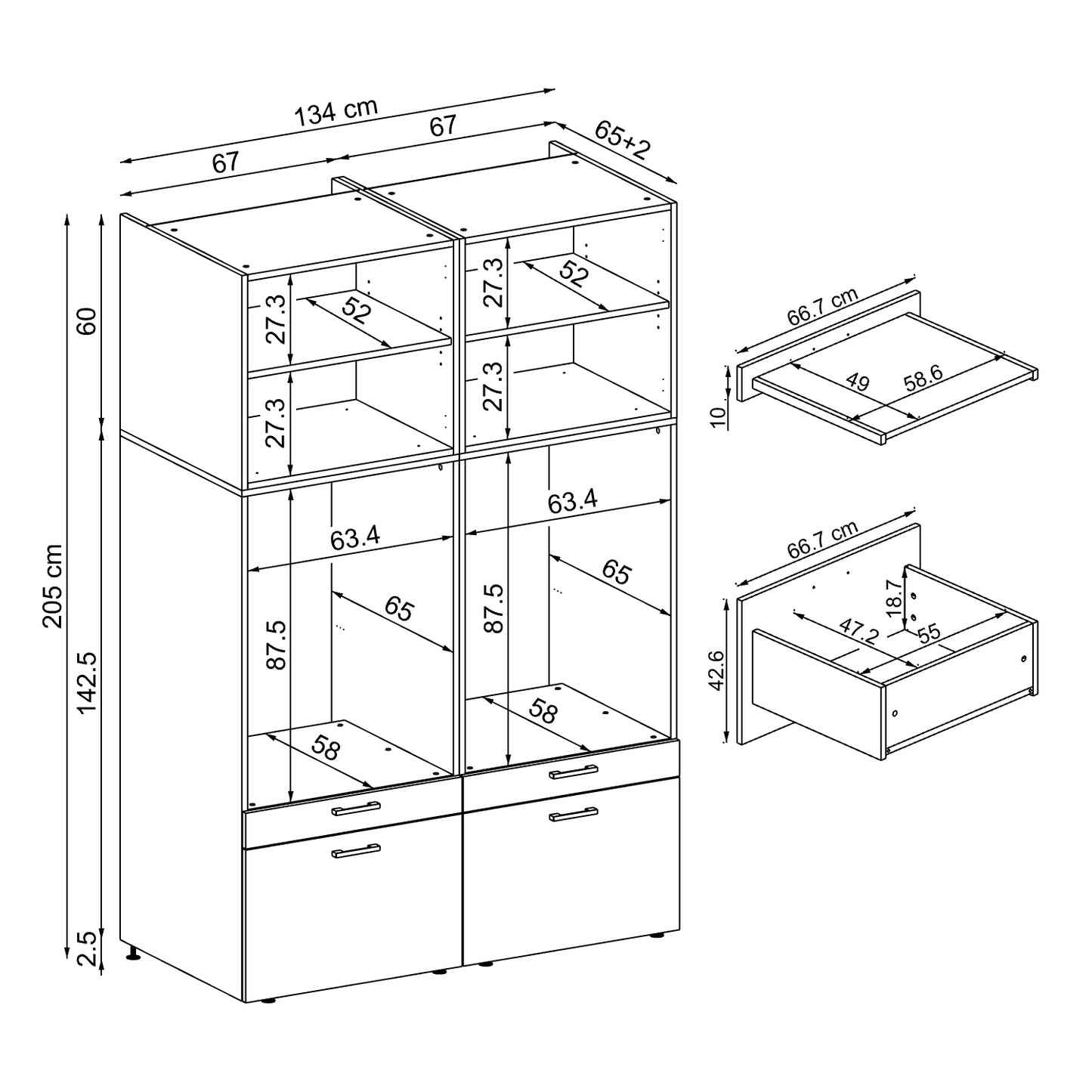 Roomart  Waschmachinen Doppelschrrank Überbauschrank (SERIE 2) - 2 Größenoptionen- HBT: 205 x 134 x 66,8 cm, HBT: 240 x 134 x 66,8 cm, in 3 Farben