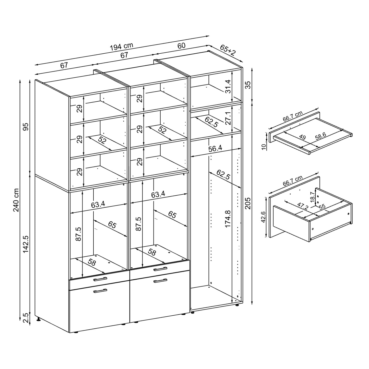 Roomart Waschmaschinenschrank Doppelschrank – SERIE 2 – Überbauschrank für Waschküche & Hauswirtschaftsraum – mit Ausziehbrett & Schubladen – in 3 Farben