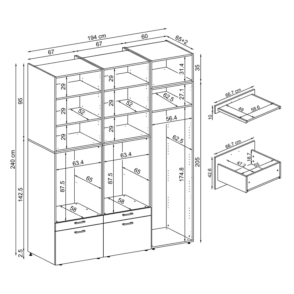 Roomart Waschmaschinenschrank Doppelschrank – SERIE 2 – Überbauschrank für Waschküche & Hauswirtschaftsraum – mit Ausziehbrett & Schubladen – in 3 Farben