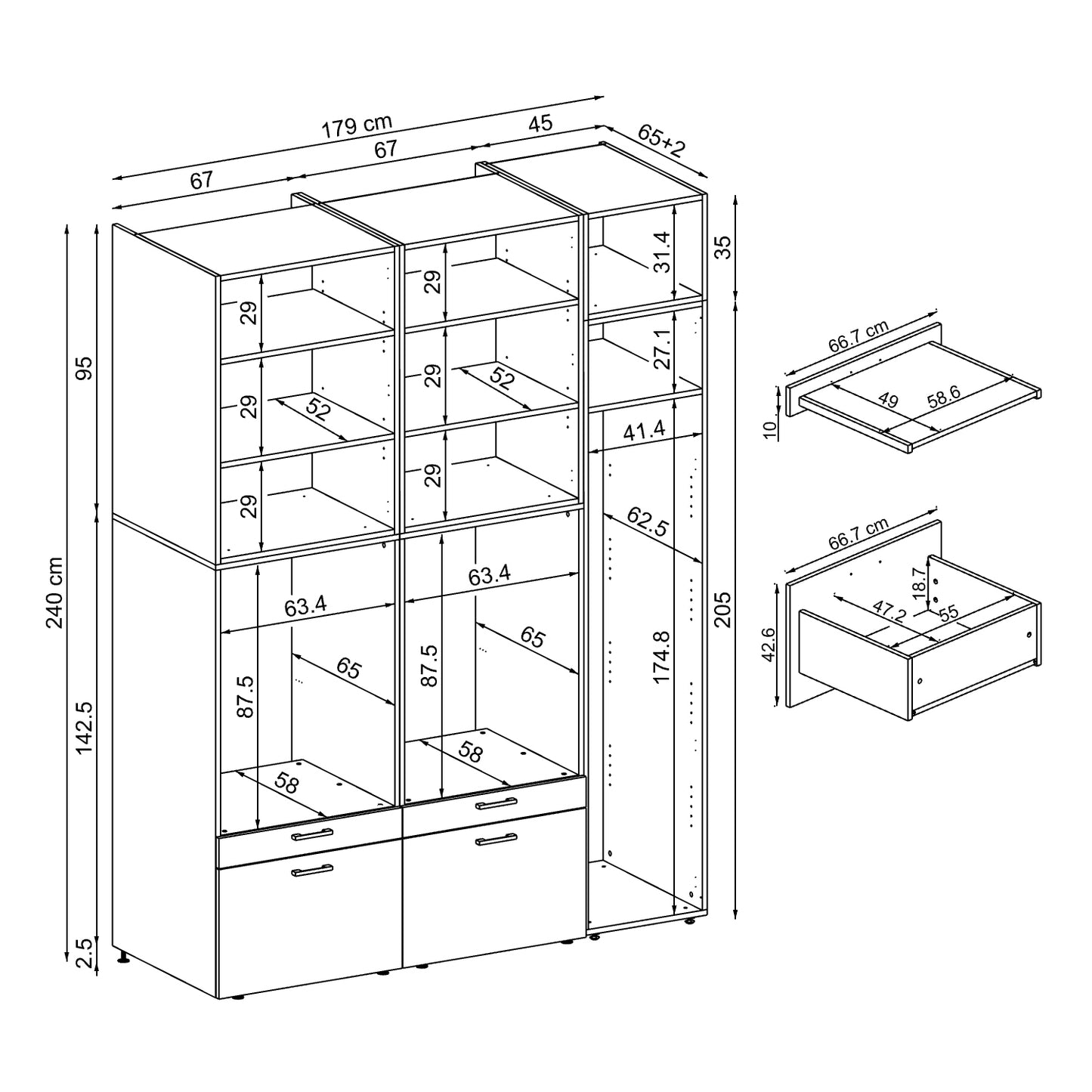 Roomart Waschmaschinenschrank Doppelschrank – SERIE 2 – Überbauschrank für Waschküche & Hauswirtschaftsraum – mit Ausziehbrett & Schubladen – in 3 Farben