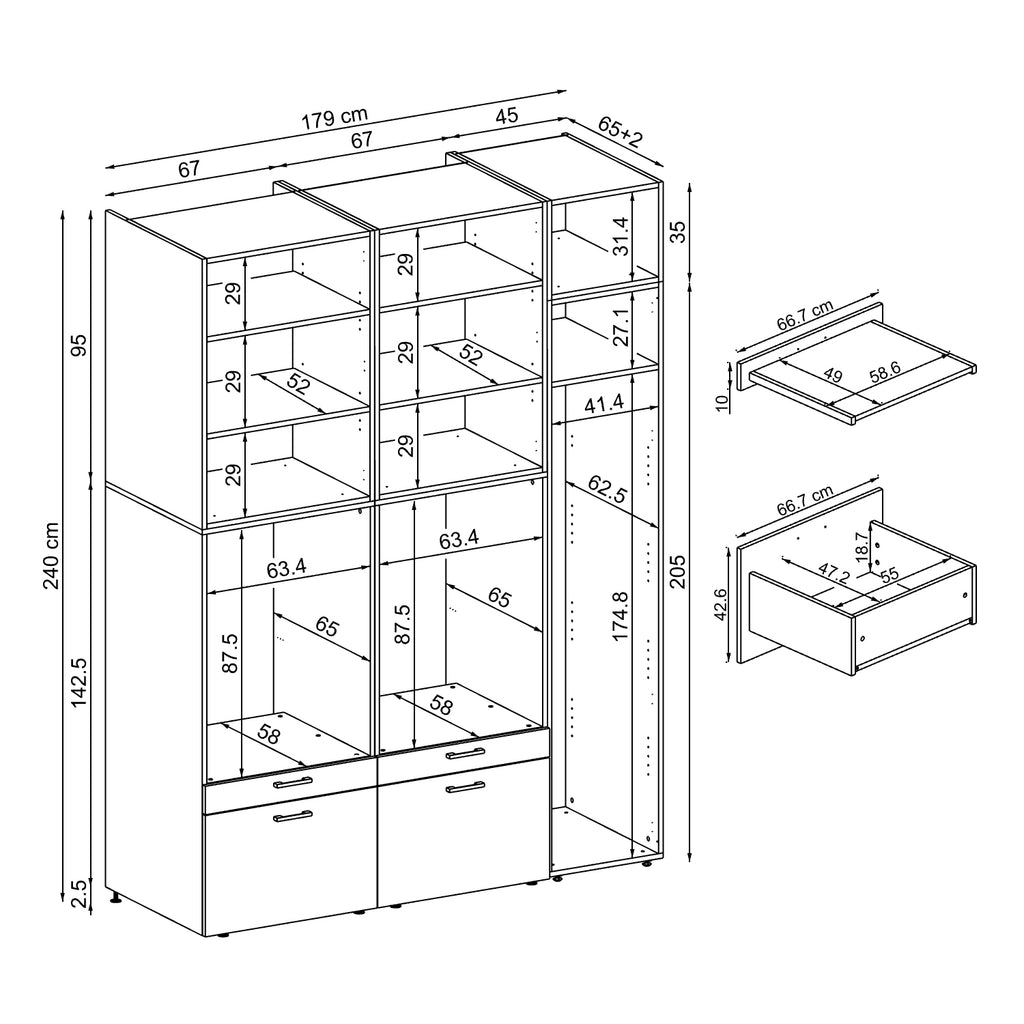 Roomart Waschmaschinenschrank Doppelschrank – SERIE 2 – Überbauschrank für Waschküche & Hauswirtschaftsraum – mit Ausziehbrett & Schubladen – in 3 Farben