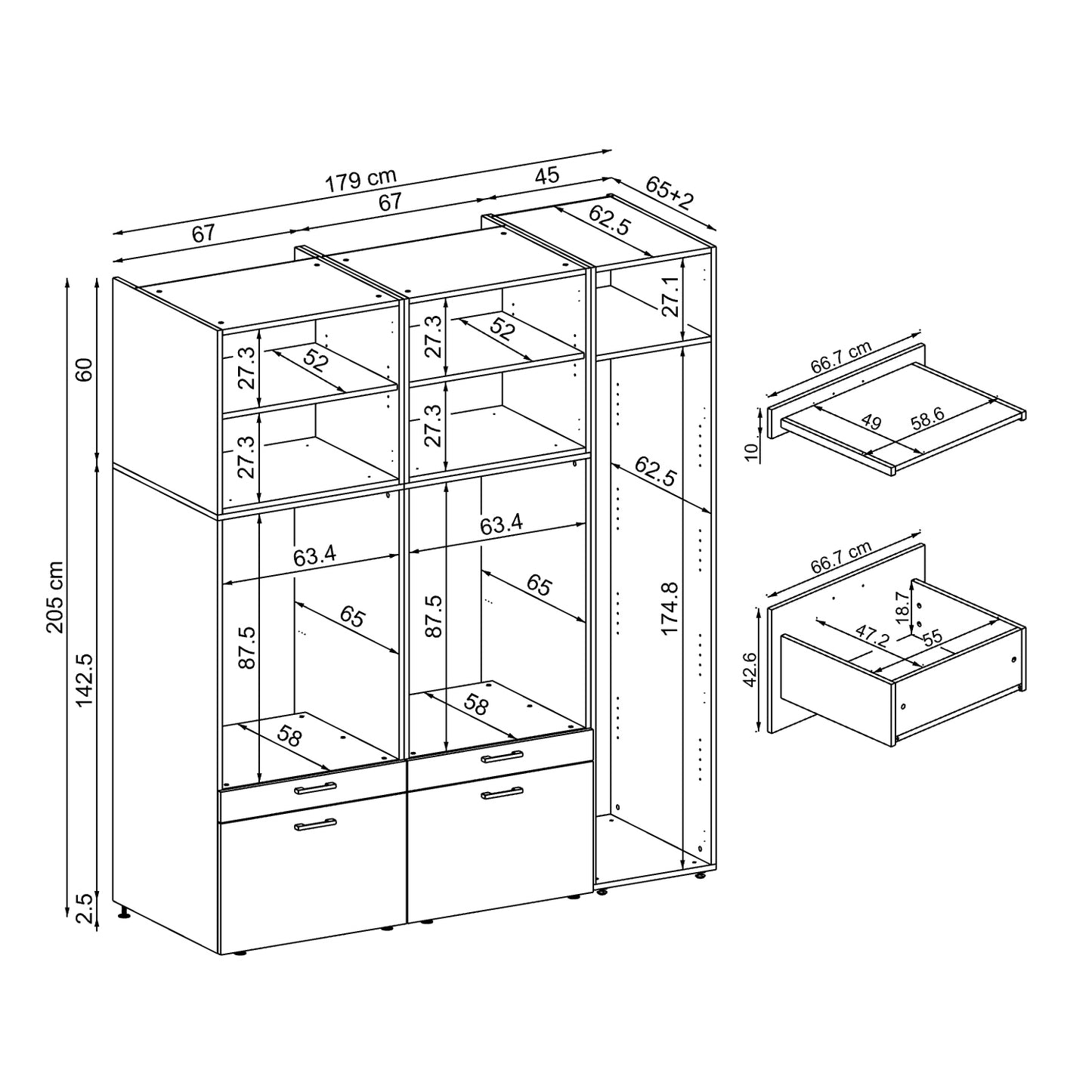 Roomart Waschmaschinenschrank SERIE 2 – Überbauschrank mit Schublade, Überbauschrank für Waschküche & Hauswirtschaftsraum – mit Ausziehbrett & Schublade – in 3 Farben