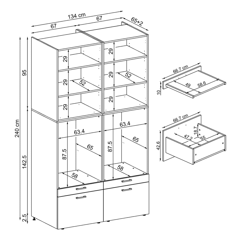 Roomart  Waschmachinen Doppelschrrank Überbauschrank (SERIE 2) - 2 Größenoptionen- HBT: 205 x 134 x 66,8 cm, HBT: 240 x 134 x 66,8 cm, in 3 Farben