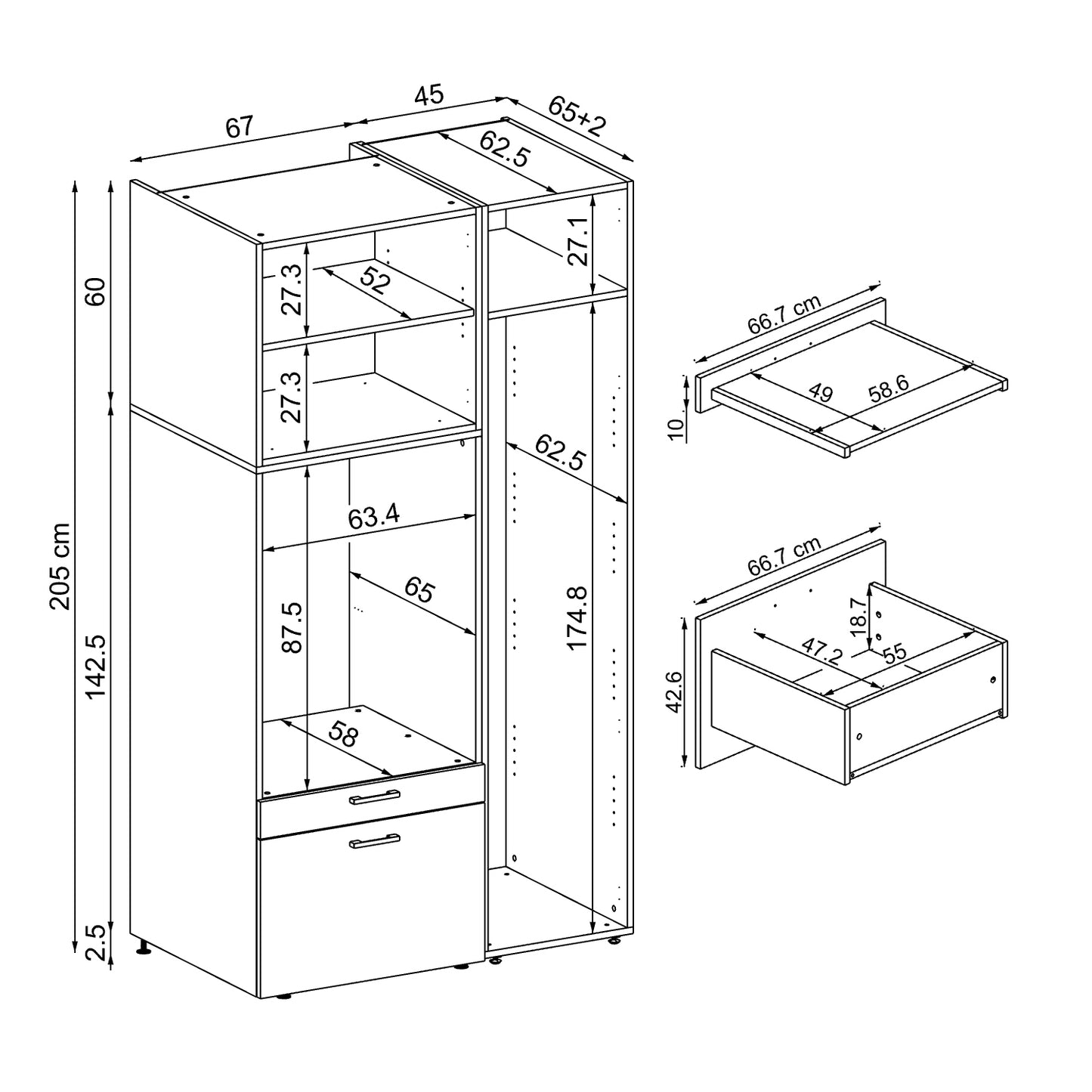 Roomart Waschmaschinenschrank mit Ausziehbrett, 112 cm breit - SERIE 2  – Waschmaschinenüberbau für Waschmaschine & Trockner, Waschturm-Schrank mit Stauraum für Bad & Waschküche