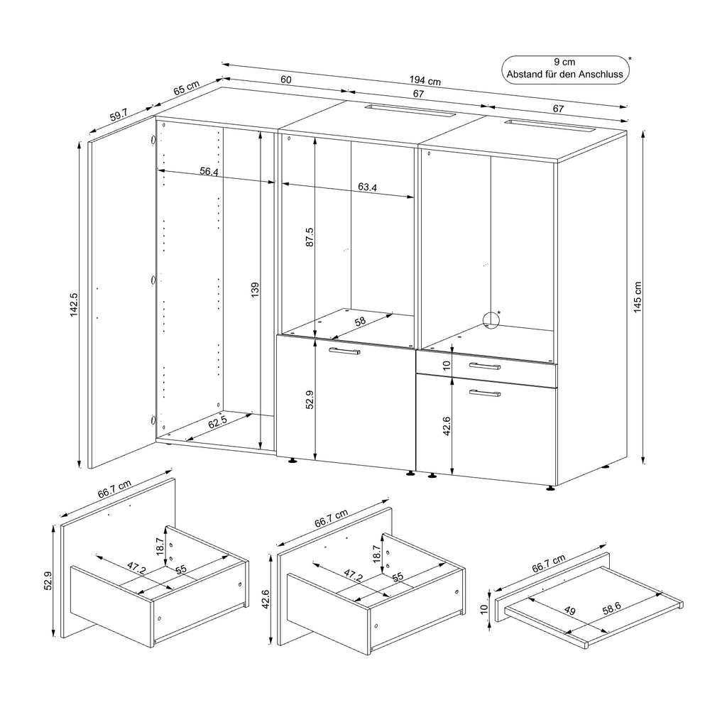 Roomart • Schrankwand für Hauswirtschaftsraum • Washturm Mit Schubladen und Ausziehbrett • Weiß • Schwarz Eiche - waschmaschinenschrank, washmaschinenschrank, wachmachinenschrank, waschmaschinenüberbau, waschmaschine trockner schrank, waschmaschine schran