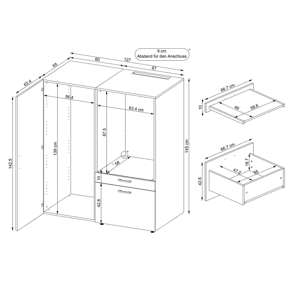Roomart • Waschmachinenschrank für Hauswirtschaftsraum • HBT: 145x127x66,8 cm • Mit Schubladen und Ausziehbrett • Weiß • Schwarz eiche - überbauschrank waschmaschine  überbauschrank  Wäschekammer  washturm  washing machine cabinet  Waschturm für Waschmasc