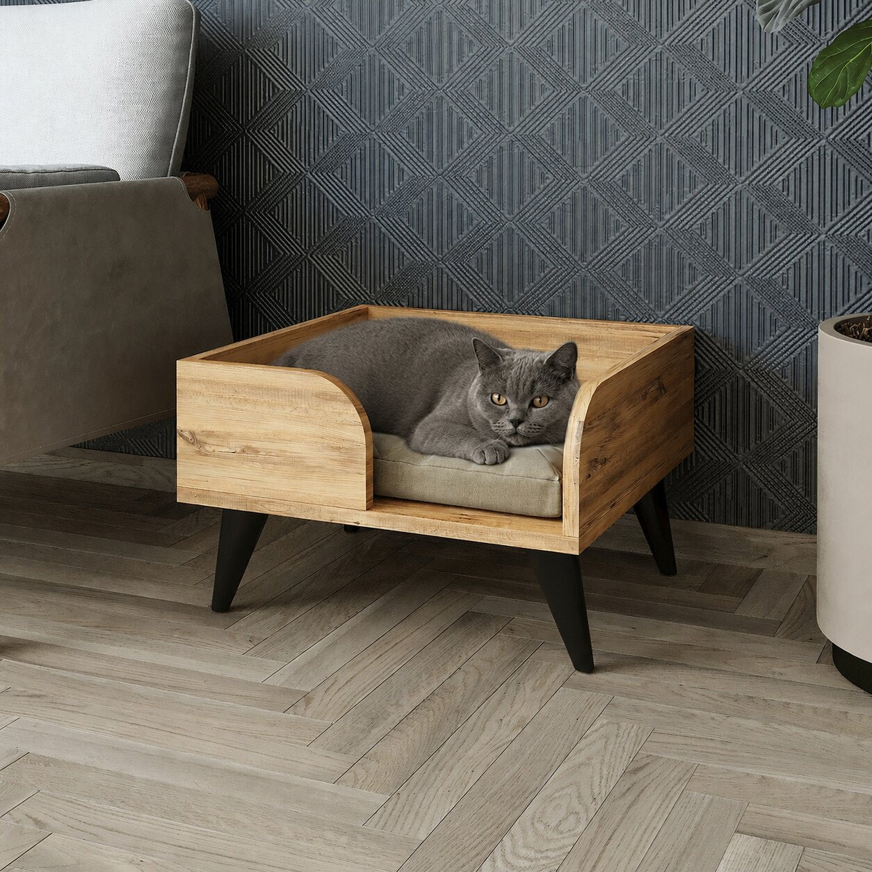 Hundebett RITA in Eiche mit schwarzen Beinen und offener Vorderseite - ideal für Katzen, kleine Katzen / mittelgroße Katzen, Hauskatze, Tierhaus.
