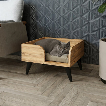 Hundebett RITA in Eiche mit schwarzen Beinen und offener Vorderseite - ideal für Katzen, kleine Katzen / mittelgroße Katzen, Hauskatze, Tierhaus.