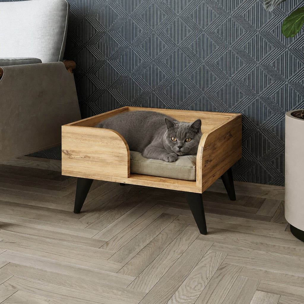 Hundebett RITA in Eiche mit schwarzen Beinen und offener Vorderseite - ideal für Katzen, kleine Katzen / mittelgroße Katzen, Hauskatze, Tierhaus.