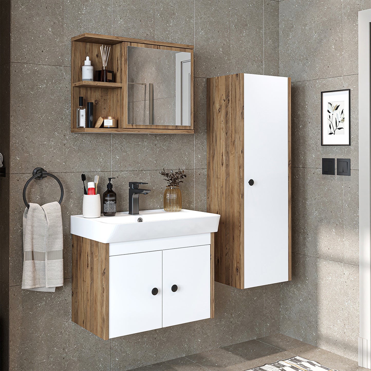 Roomart Badmöbelset ADA – 3-teiliges Badezimmermöbel Set mit Waschbecken, Unterschrank, Spiegelschrank & Seitenschrank – modernes Badmöbel