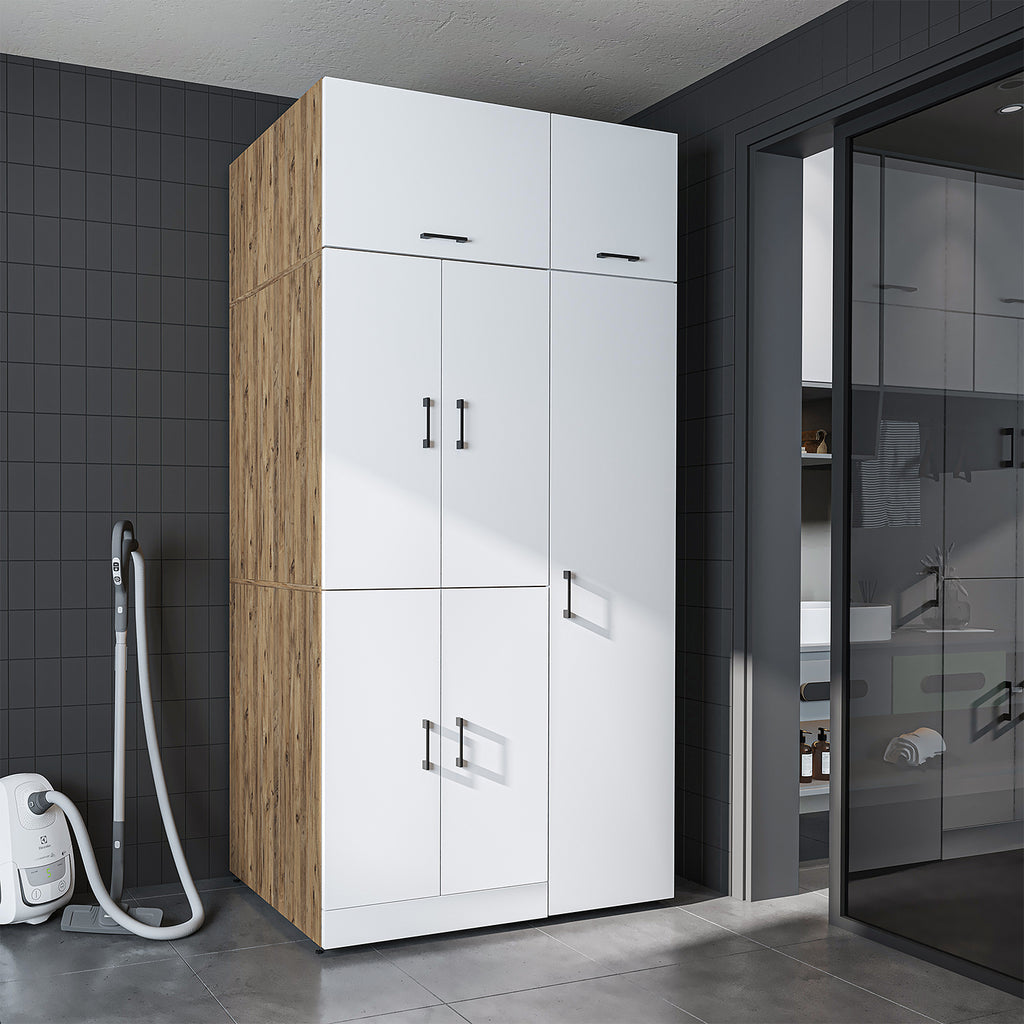 Roomart Waschmaschinenschrank „DORA 115 cm Breit“ für Waschmaschine & Trockner mit Regalböden, in 5 Farben • Weiß • Weiß Eiche • Anthrazit Eiche • Eiche • Schwarz Eiche