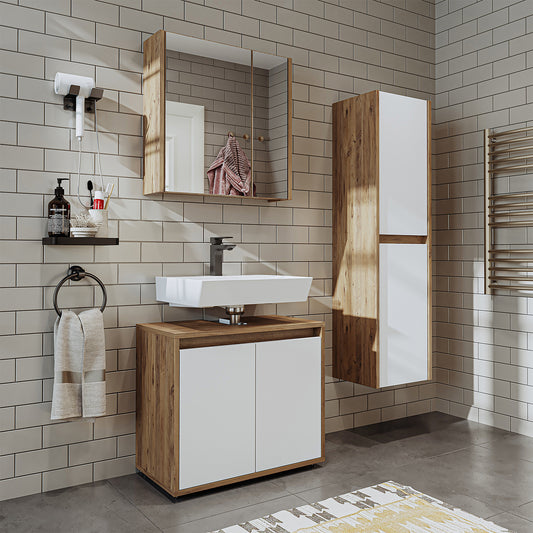 Roomart Badmöbel Set MELONA 3-teilig, in 4 Farben, 65cm Unterschrank • Spiegelschrank • Hochschrank-badezimmerschrank, waschbecken, badezimmermöbel, badschrank, badezimmer, mit, unterschrank, badmöbel, set, waschtisch, möbel, badezimmermãbel, bad, badezim