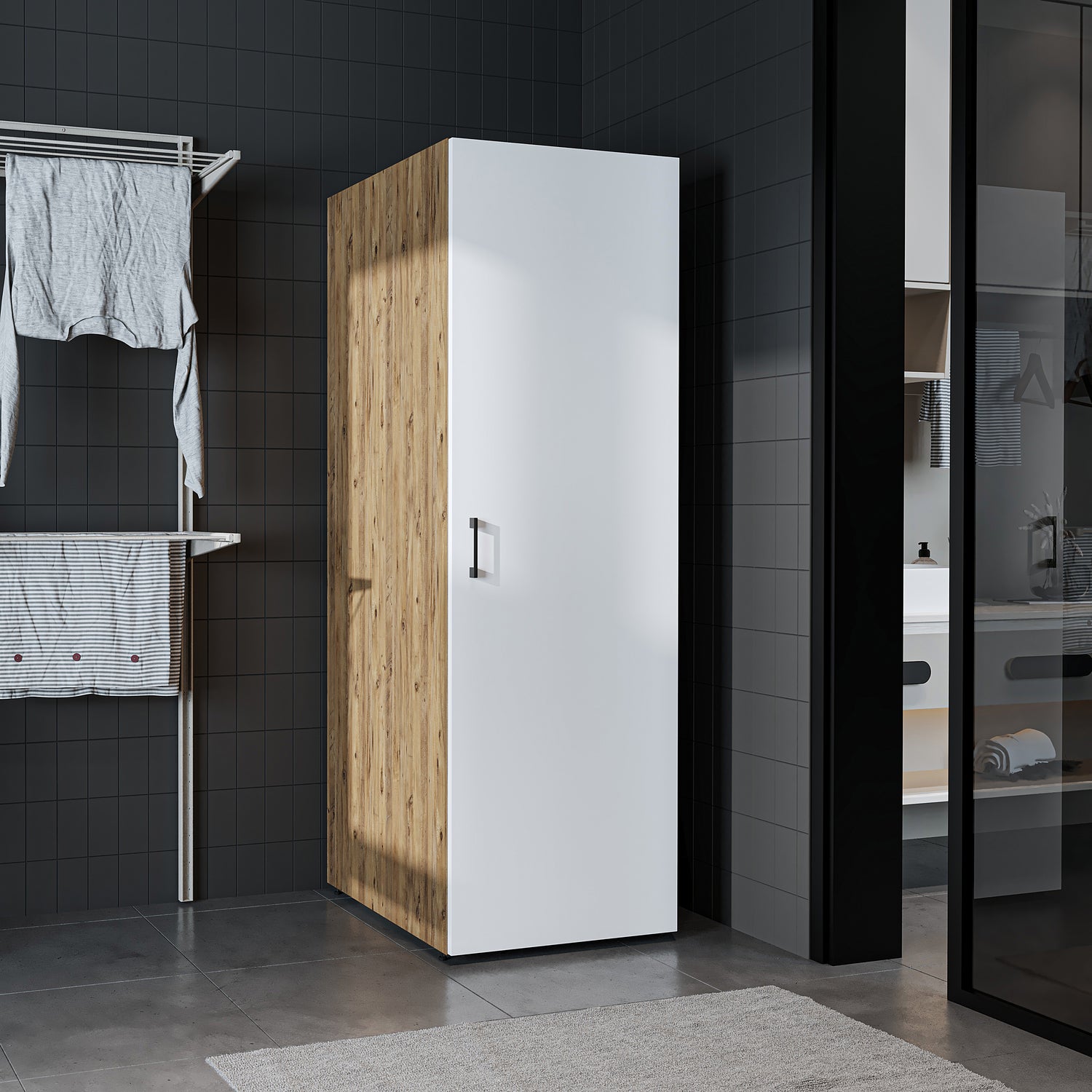Roomart • DORA Hochschrank 60cm Breit • Weiß • Weiß Eiche • Eiche • Anthracit Eiche - waschmaschinenschrank, waschmaschinenregal, waschturm, schrank, weiß, waschmaschinen, unterschrank, waschmaschine, trockner, haushaltsschrank, schränke, badschrank, hoch