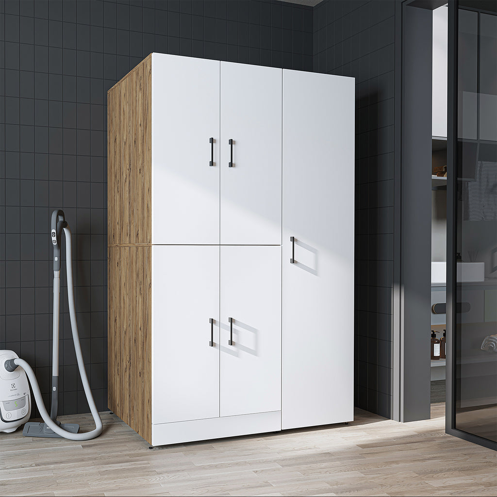 Roomart Waschmaschinenschrank „DORA 115 cm Breit“ für Waschmaschine & Trockner mit Regalböden, in 5 Farben • Weiß • Weiß Eiche • Anthrazit Eiche • Eiche • Schwarz Eiche