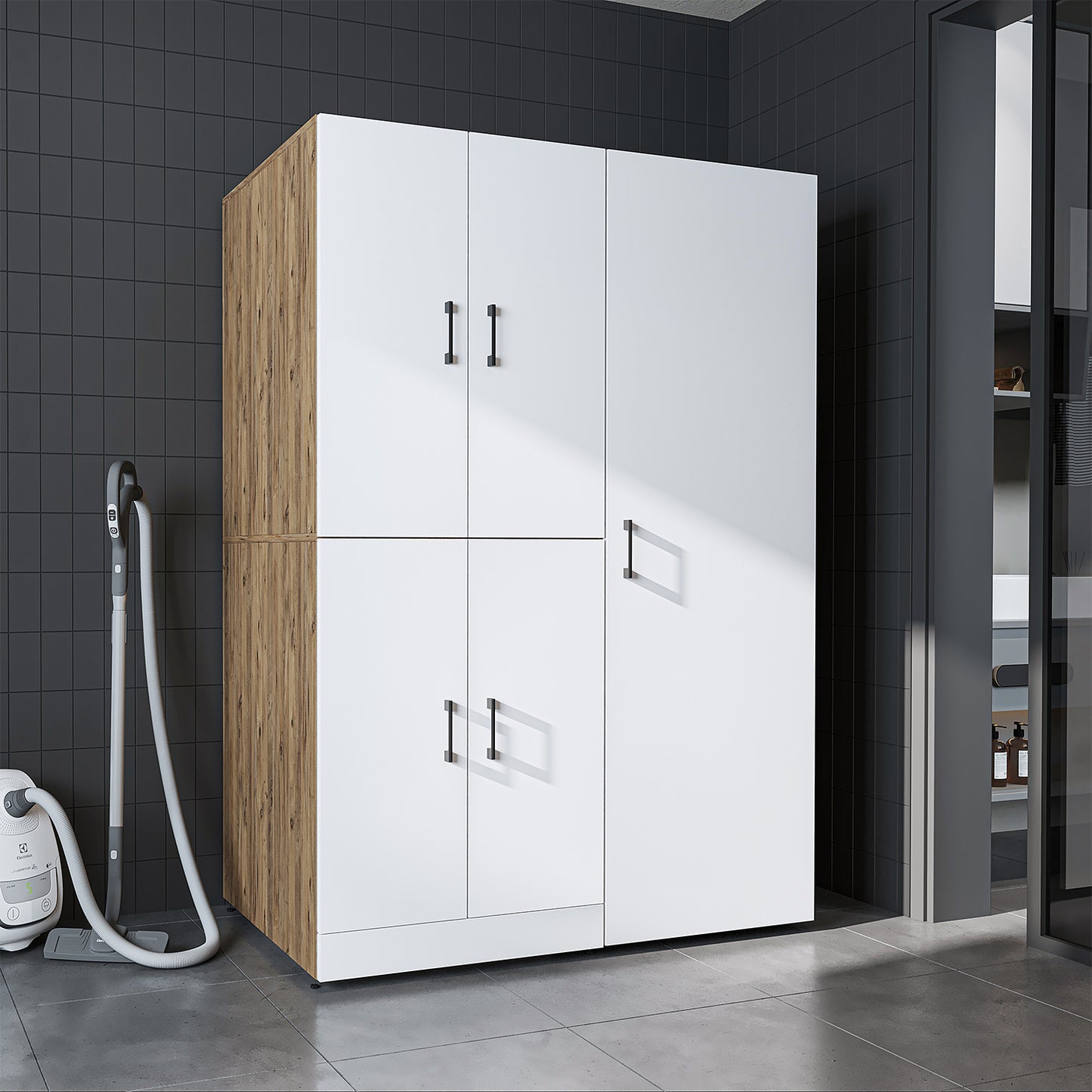 Roomart Waschmaschinenschrank „DORA 130 cm Breit“ für Waschmaschine & Trockner mit Regalböden, in 5 Farben • Weiß • Weiß Eiche • Anthrazit Eiche • Eiche • Schwarz Eiche (Kopie)