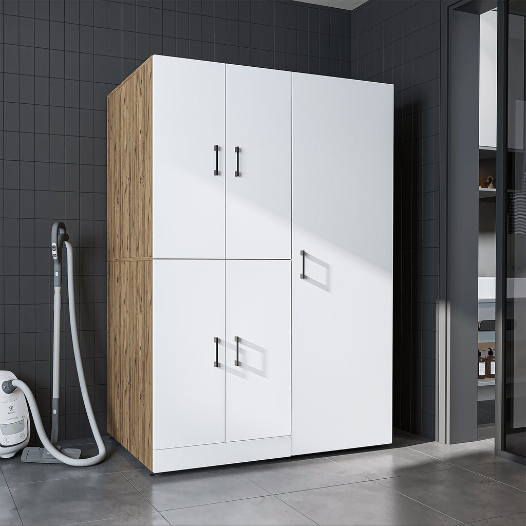 Roomart Waschmaschinenschrank „DORA 130 cm Breit“ für Waschmaschine & Trockner mit Regalböden, in 5 Farben • Weiß • Weiß Eiche • Anthrazit Eiche • Eiche • Schwarz Eiche (Kopie)