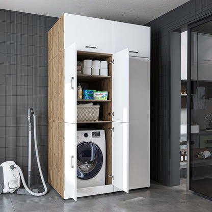 Roomart Waschmaschinenschrank „DORA 130 cm Breit“ für Waschmaschine & Trockner mit Regalböden, in 5 Farben • Weiß • Weiß Eiche • Anthrazit Eiche • Eiche • Schwarz Eiche (Kopie)