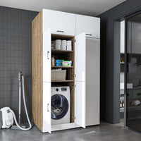 Roomart Waschmaschinenschrank „DORA 130 cm Breit“ für Waschmaschine & Trockner mit Regalböden, in 5 Farben • Weiß • Weiß Eiche • Anthrazit Eiche • Eiche • Schwarz Eiche (Kopie)