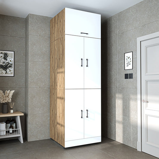 Roomart Waschmaschinenschrank - SERIE DORA-II-  Überbauschrank für Waschmaschine & Trockner mit Regalböden – Waschturm für Waschküche & Hauswirtschaftsraum – in 5 Farben (Weiß, Weiß-Eiche, Anthrazit-Eiche, Eiche, Schwarz-Eiche)