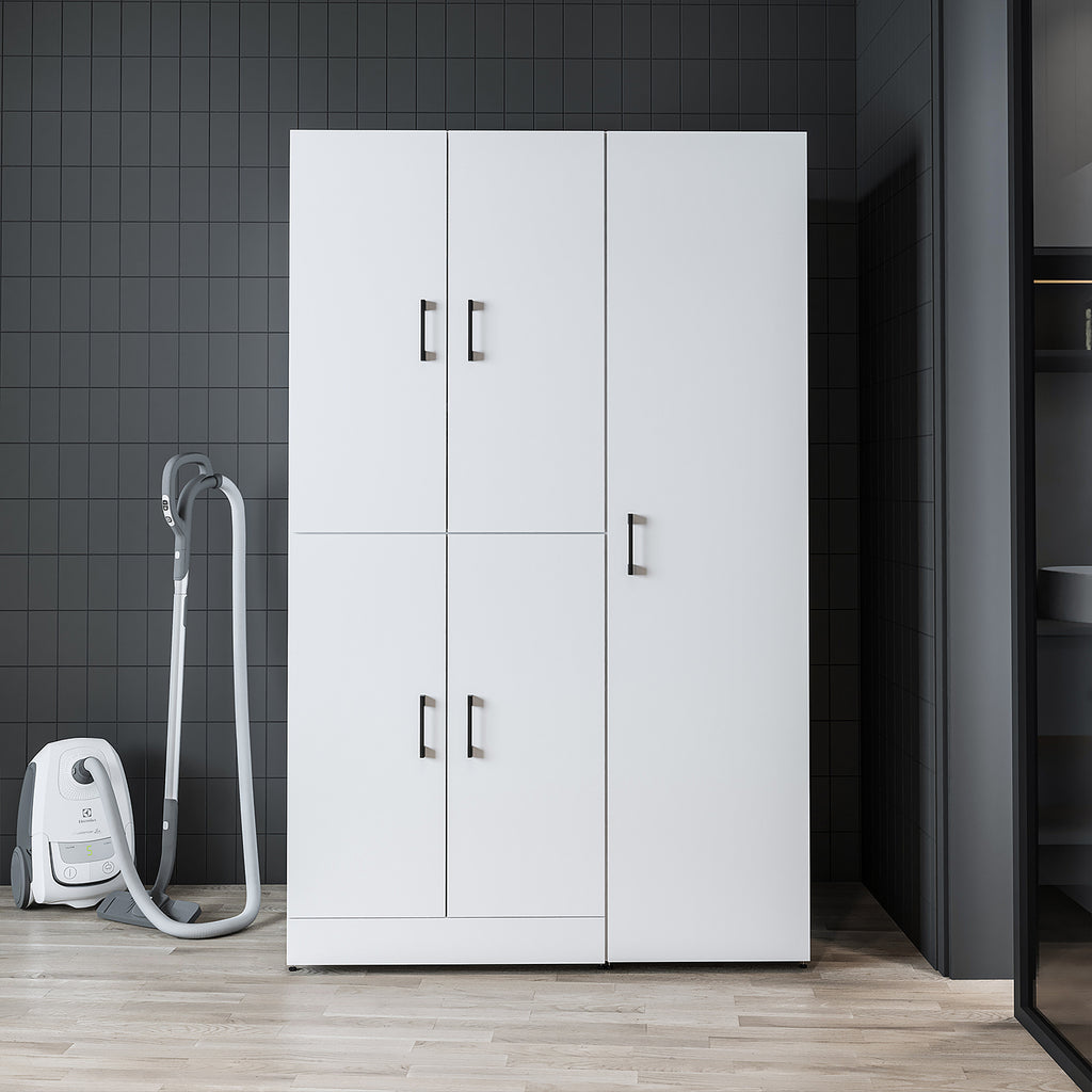 Roomart Waschmaschinenschrank „DORA 115 cm Breit“ für Waschmaschine & Trockner mit Regalböden, in 5 Farben • Weiß • Weiß Eiche • Anthrazit Eiche • Eiche • Schwarz Eiche