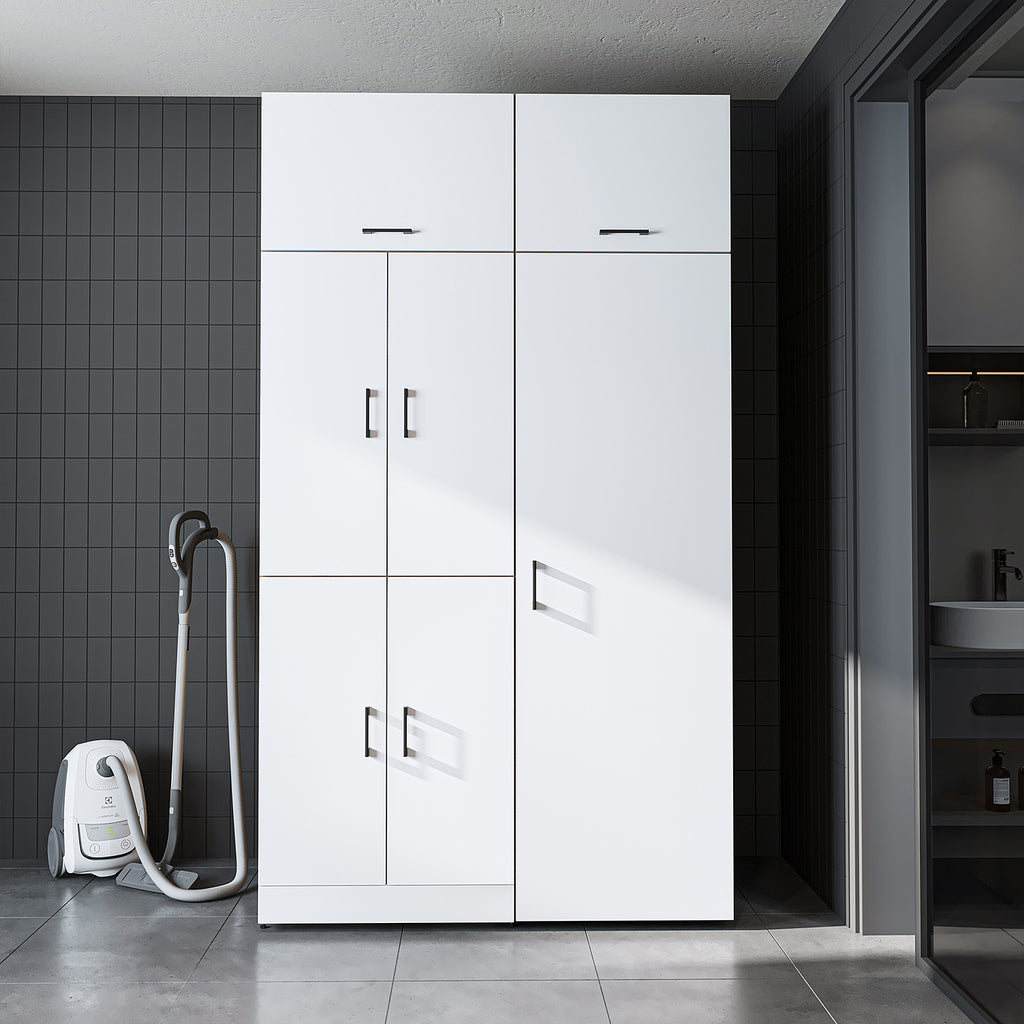 Roomart Waschmaschinenschrank „DORA 130 cm Breit“ für Waschmaschine & Trockner mit Regalböden, in 5 Farben • Weiß • Weiß Eiche • Anthrazit Eiche • Eiche • Schwarz Eiche (Kopie)