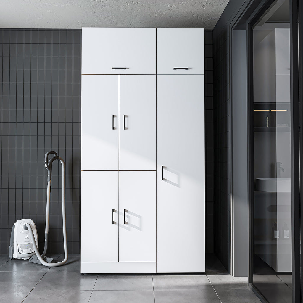 Roomart Waschmaschinenschrank „DORA 115 cm Breit“ für Waschmaschine & Trockner mit Regalböden, in 5 Farben • Weiß • Weiß Eiche • Anthrazit Eiche • Eiche • Schwarz Eiche