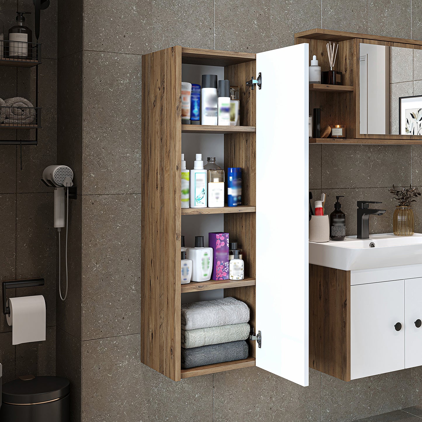 Roomart Badmöbelset ADA – 3-teiliges Badezimmermöbel Set mit Waschbecken, Unterschrank, Spiegelschrank & Seitenschrank – modernes Badmöbel