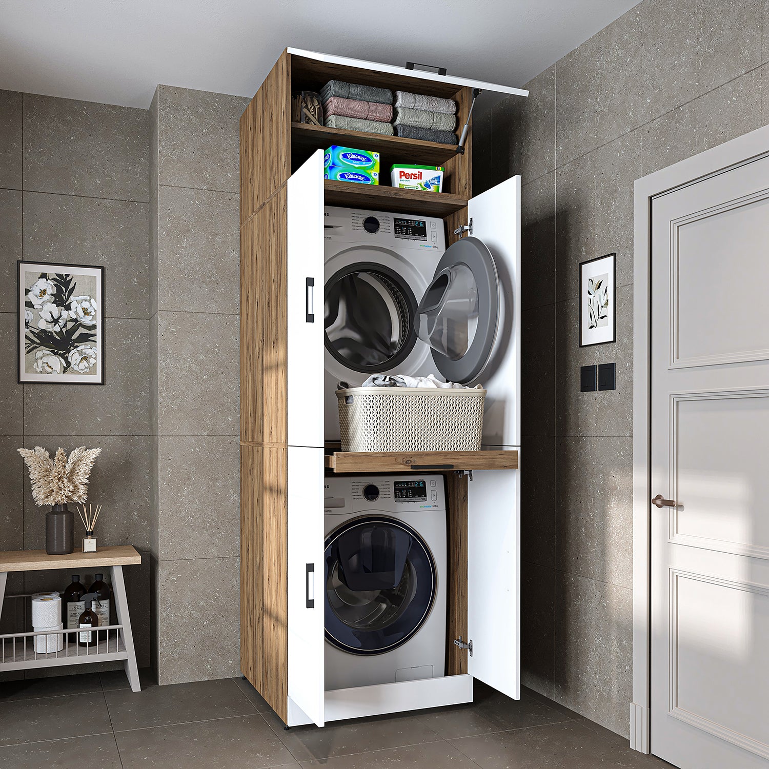Roomart washing machine cabinet " DORA " for dryer & washing machine, in 4 colors, with doors & pull-out shelf - white - white oak - anthracite oak - oak - washing machine cabinet, washing machine shelf, washing tower, cabinet, white, washing machines, base cabinet, 