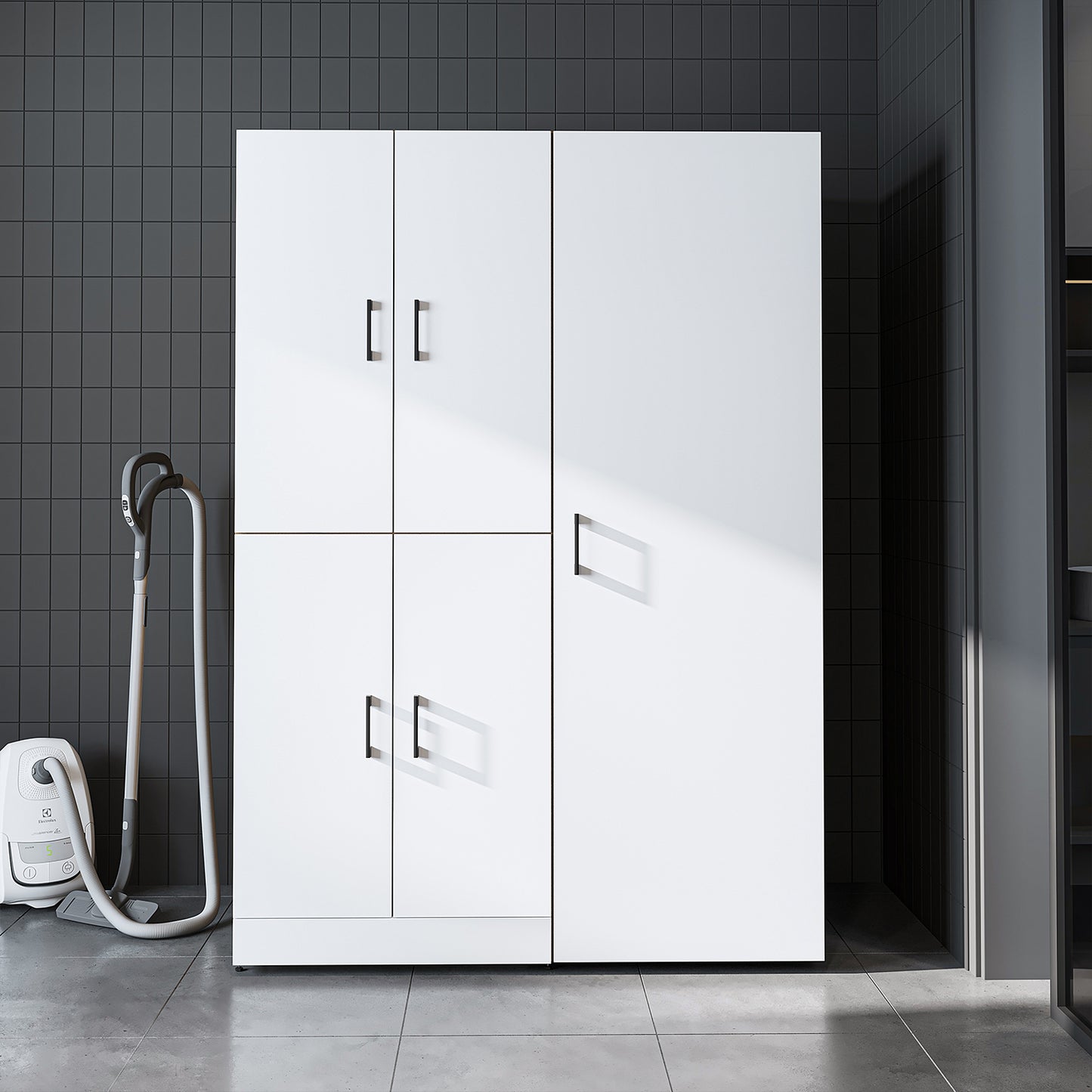 Roomart Waschmaschinenschrank „DORA 130 cm Breit“ für Waschmaschine & Trockner mit Regalböden, in 5 Farben • Weiß • Weiß Eiche • Anthrazit Eiche • Eiche • Schwarz Eiche (Kopie)