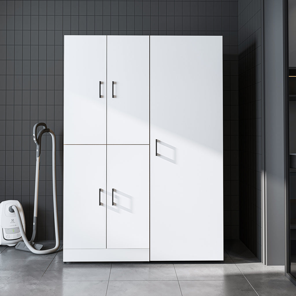 Roomart Waschmaschinenschrank „DORA 130 cm Breit“ für Waschmaschine & Trockner mit Regalböden, in 5 Farben • Weiß • Weiß Eiche • Anthrazit Eiche • Eiche • Schwarz Eiche (Kopie)