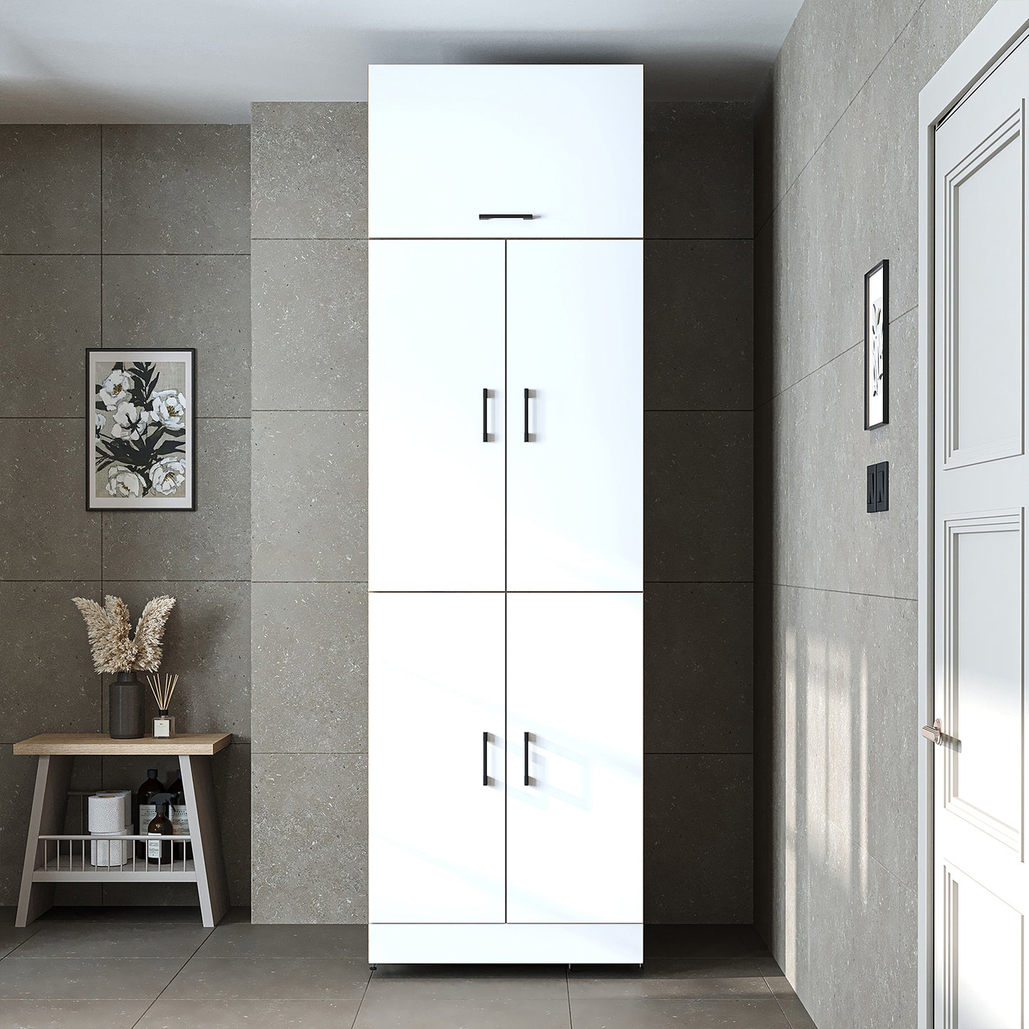 Roomart Waschmaschinenschrank „DORA“ für Waschmaschine & Trockner mit Regalböden, in 5 Farben • Weiß • Weiß Eiche • Anthrazit Eiche • Eiche • Schwarz-Eiche