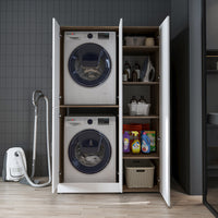 Roomart Waschmaschinenschrank „DORA 115 cm Breit“ für Waschmaschine & Trockner mit Regalböden, in 5 Farben • Weiß • Weiß Eiche • Anthrazit Eiche • Eiche • Schwarz Eiche