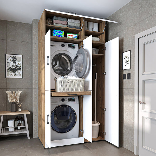 Roomart Waschmaschinenschrank - SERIE DORA-I-  115 cm breit -  Wasch- & Trocknerschrank mit Türen & Ausziehbrett, 115 cm breit, Waschmaschinen-Überbau für Waschküche & Hauswirtschaftsraum – Weiß, Weiß-Eiche, Anthrazit-Eiche, Eiche, Schwarz-Eiche