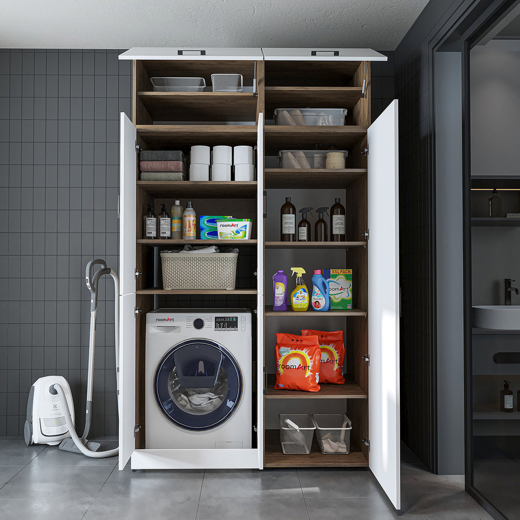 Roomart Waschmaschinenschrank „DORA 130 cm Breit“ für Waschmaschine & Trockner mit Regalböden, in 5 Farben • Weiß • Weiß Eiche • Anthrazit Eiche • Eiche • Schwarz Eiche (Kopie)