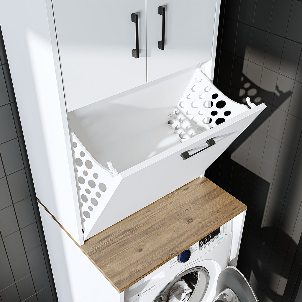 Roomart, Waschmaschinenschrank LUNA, Waschmaschinenüberbau mit Wäschekorb, BHT: 65 X 181 X 65 cm, in Weiß, Eiche, Anthrazit Eiche, Eiche - waschmaschinenschrank, waschmaschinenregal, waschturm, schrank, weiß, waschmaschinen, unterschrank, waschmaschine, t