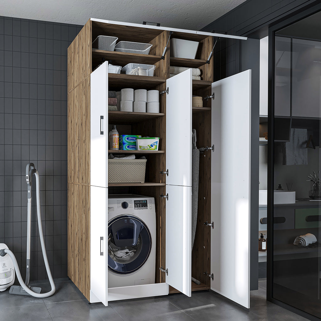 Roomart Waschmaschinenschrank „DORA 115 cm Breit“ für Waschmaschine & Trockner mit Regalböden, in 5 Farben • Weiß • Weiß Eiche • Anthrazit Eiche • Eiche • Schwarz Eiche